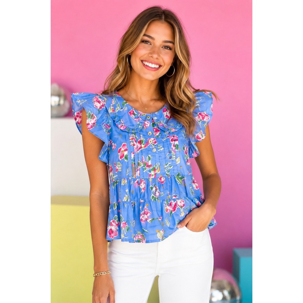 ENTRO Blue Floral Print Peter Pan Collar Ruffle Hem Top Women's Size Large